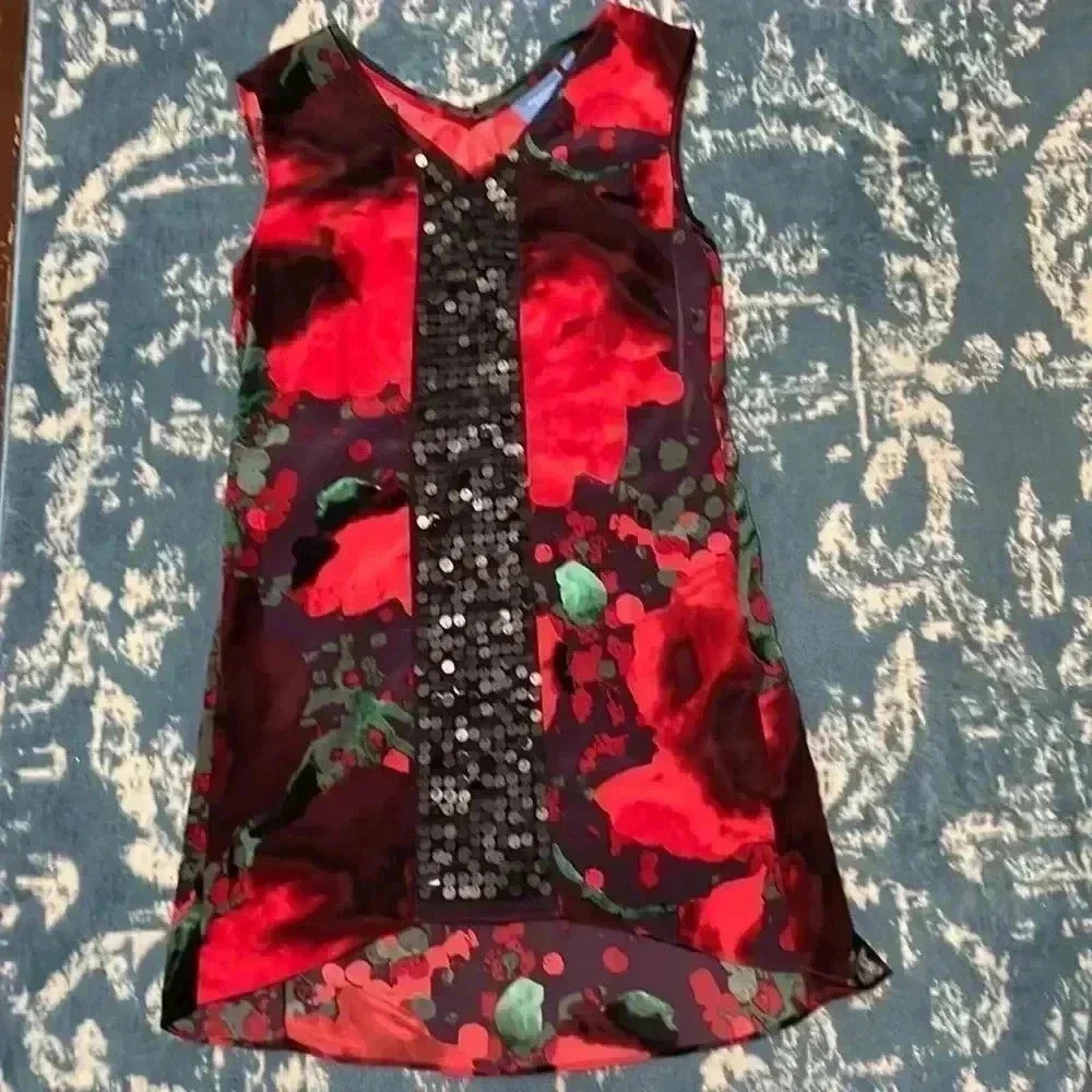 Vera Wang abstract sequin mesh hi-low pocket dress XS